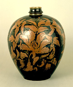 Black glazed large vase with brown peony design.