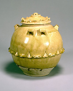 Celadon glazed jar with six handles and design of lotus petals.