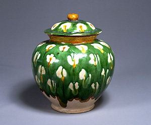 Three-color glazed jar with plum blossom design.