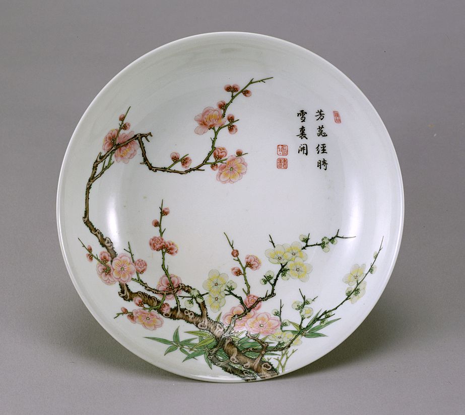 Dish with plum tree design in famille rose enamels.