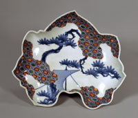 Dish, Pine tree and boat in overglaze enamels