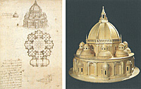 Leonardo da Vinci, Centrally planned church and its reproduction after the codex, from Ms. Ashburnham, codex: Institut de France, Paris, model: Opera Laboratori Fiorentini, Florence