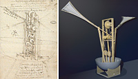 Leonardo da Vinci, Flying ship and its reproduction after the codex, from Ms. Ashburnham, codex: Institut de France, Paris, model: Opera Laboratori Fiorentini, Florence