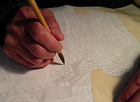 To prevent from the running of ink, draw the line with glue in advance.