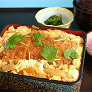 Pork Cutlet on Rice in a Lacquered Box, Soy Sauce Flavored
