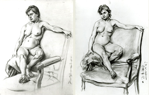 裸婦習作　明治20年(1887）　左が久米桂一郎筆、右が黒田清輝筆