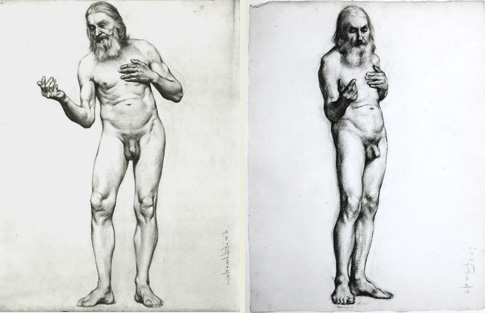 裸体習作　明治20年(1887）　左が久米桂一郎筆、右が黒田清輝筆