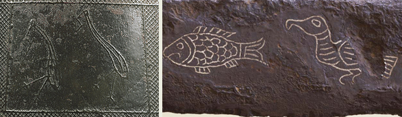 ツル・サギ類の絵画（銅鐸）、鵜と魚の絵画（銀象嵌大刀）