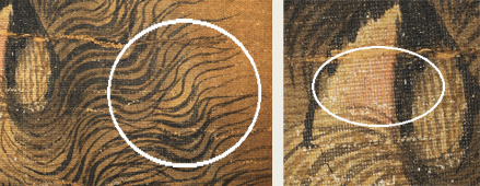 （左）裏彩色によるグラデーション効果、（右）画絹の間から裏彩色が透けて見える。
