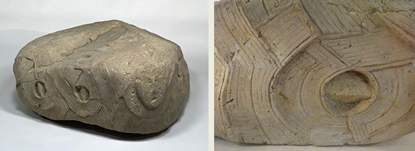 左）模造 旋帯文石(原品＝岡山県楯築神社 伝世)、右）浮彫文様(旋帯文：同左 部分)