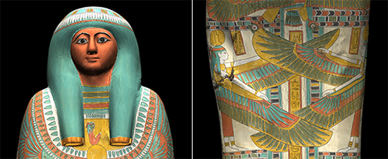 カルトナージュ棺に描かれている模様の彩色復元