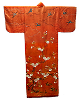 Kosode (Garment with Small Wrist Openings), Double cherry blossoms, horsetails, dandelions and swallows on red figured satin