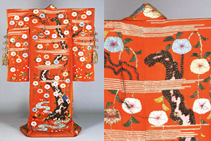 Furisode (Garment with long sleeves), Cherry blossom and stream design on red chirimen crepe ground