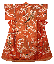 Uchikake (Outer garment), Bamboo curtain and ornamental perfumed sachet design on red figured satin
