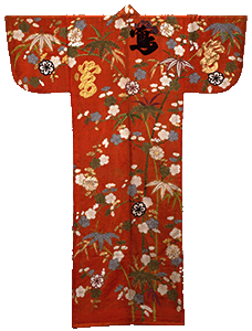 Kosode (Garment with small wrist openings), Bamboo and plum design with characters for “bush warbler” on red figured satin ground