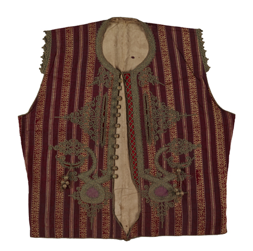 Waistcoat, Design of stripes in float weave on a purple ground