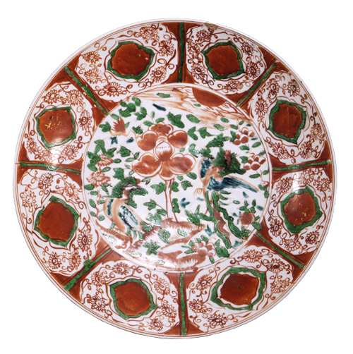 Large Dish, Peony and phoenix design in overglaze enamel