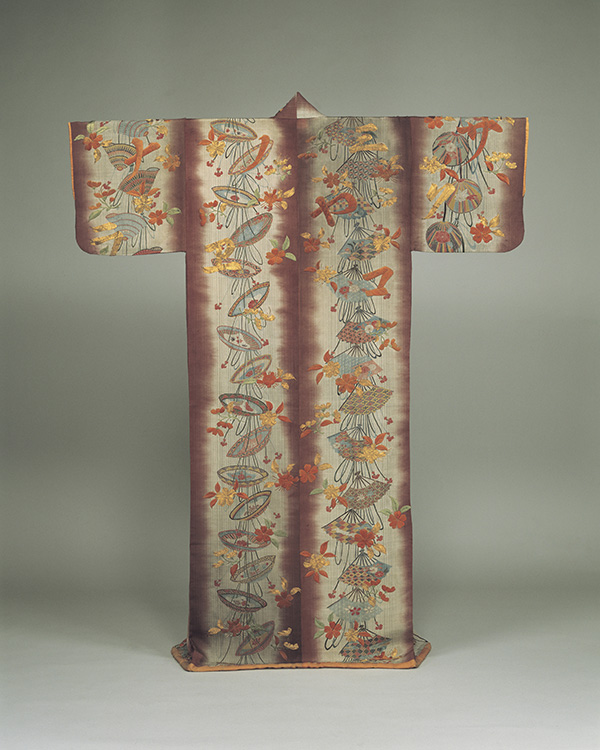 Robe (Kosode) with Hats, Fans, Cherry Blossoms and Calligraphy