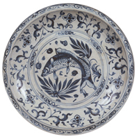 Dish, Fish and water plants in underglaze blue