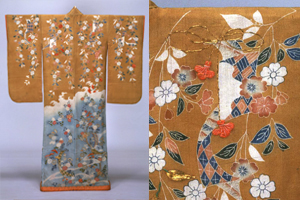 Furisode (Garment with long Sleeves), Weeping cherry, chrysanthemum, and tanzaku paperdesign on light-blue and brown crepe