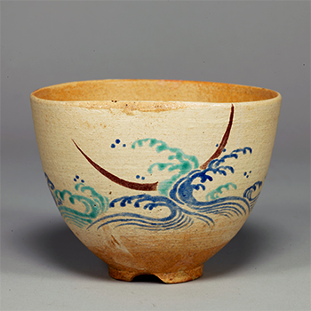  Tea Bowl, Wave and crescent moon design in overglaze enamel