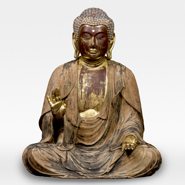 Seated Shaka Nyorai (Sakyamuni), Standing Kasho (Kasyapa) and Standing Anan (Ananda), Kamakura period, 13–14th century, Fukushima, Ryogonji