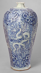 Blue-and-white Octagonal Prunus Vase with Dragons and Waves Design