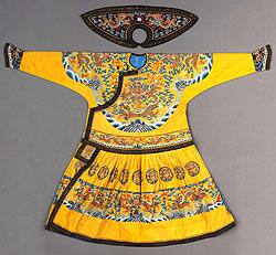 Bright Yellow Silk Court Robe with Woven Design of Colored Clouds and Gold Dragons