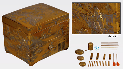 Eyebrow cosmetic box, table, and writing box, from the bridal trousseau of Chiyohime