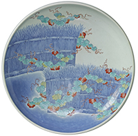 Large Dish, Brushwood fence design in overglaze enamel