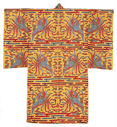 Bingata stencil-dyed simple gauze weave robe with design of phoenixes, auspicious clouds and mist on yellow ground