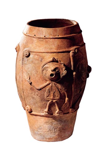 Vessel with flange and small perforations decorated with human figure