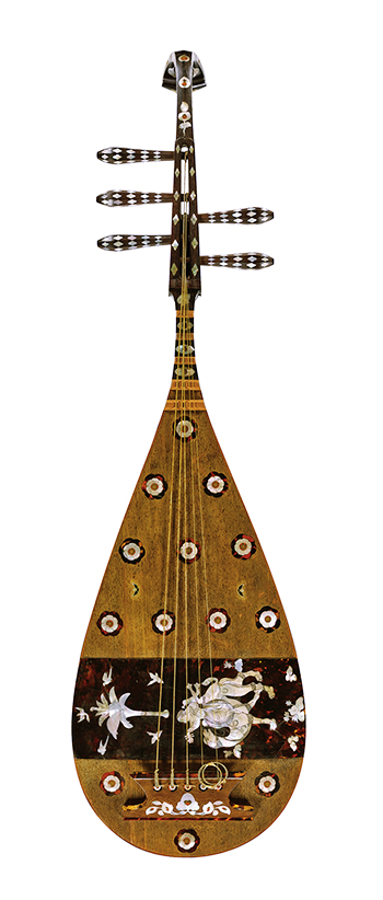 Five-stringed Biwa Lute, Red sandalwood with mother-of-pearl inlay