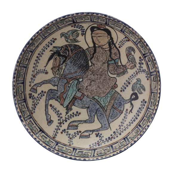 Enamelled painted bowl with a falconer on horseback