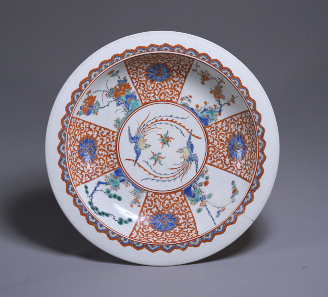 Image of "Large Dish with a Pine, Bamboo, Plum Tree, Peonies, and Phoenixes"