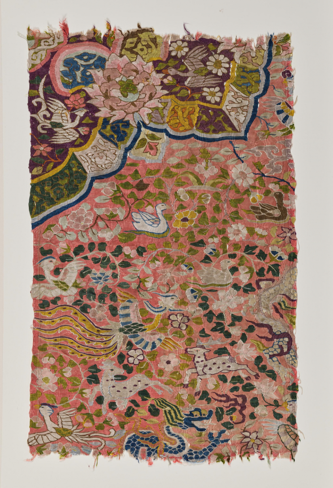 Image of "Textile with Dragons, Phoenixes, Deer, Birds, Peonies, and Other Flowers, Silk tapestry ("kesi") "