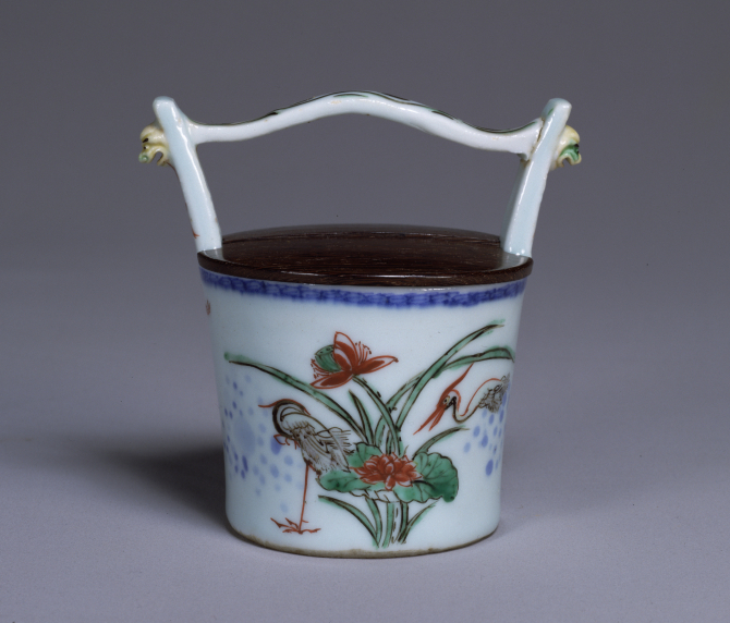 Image of "Pail-Shaped Tea Container with Lotuses and Herons"