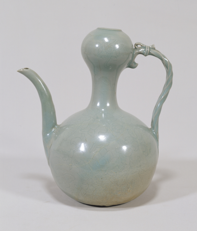 Image of "Gourd-shaped Ewer Celadon glaze with lotus arabesque design"