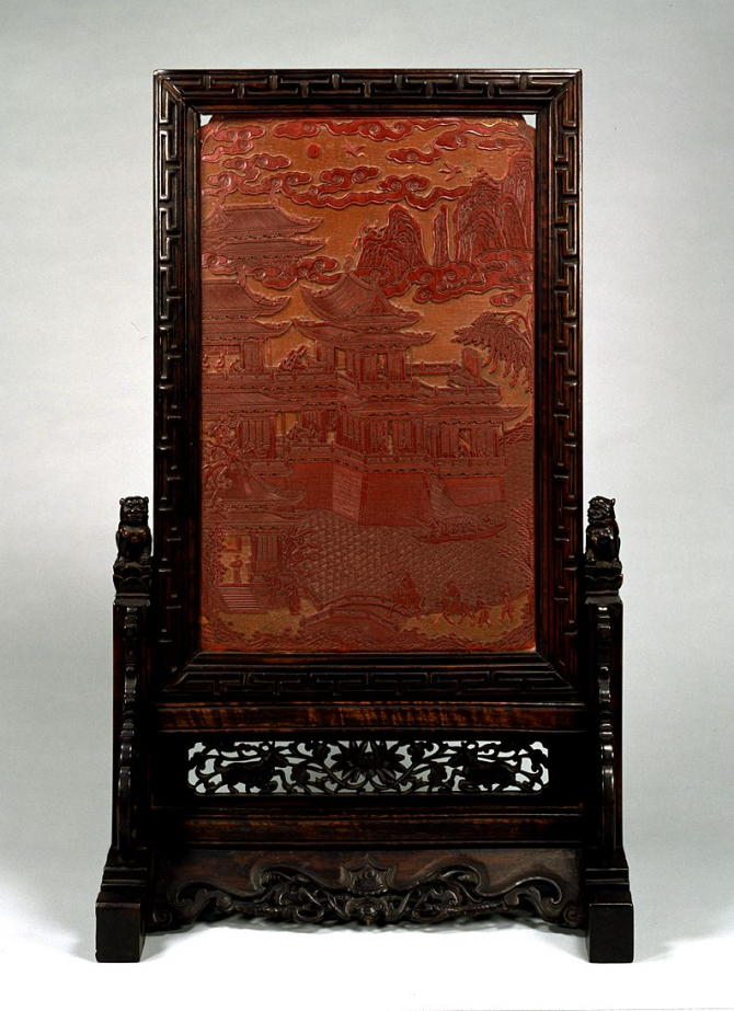 Image of "Screen Design of landscape with pavilions and figures in carved red lacquer"