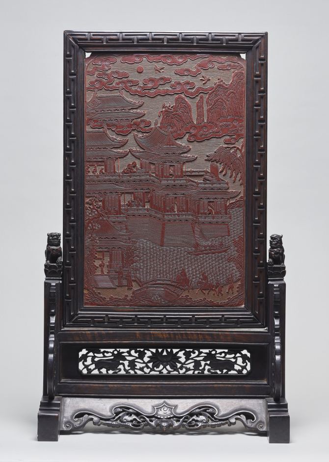 Image of "Screen Design of landscape with pavilions and figures in carved red lacquer"