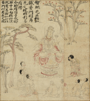 Image of "Detached Segment of Illustrated Scroll of Boy Sudhana's Pilgrimage to Fifty-five Deities: Monju Bosatsu (Manjusri)"