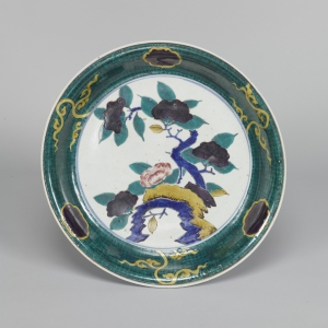 Image of "Large Dish with Camellias, Porcelain with overglaze enamel"