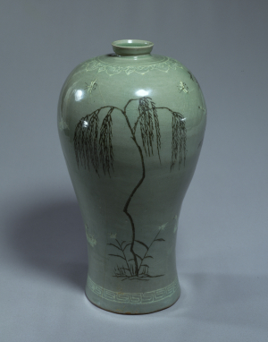 Image of "Vase Celadon glaze with plum tree, bamboo, reed, willow, and waterfowl design in inlay"