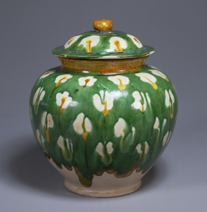 Image of "Three-color glazed jar with plum blossom design."