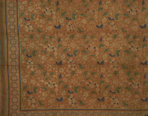 Image of "Brocade, Camellia arabesque design on red ground"