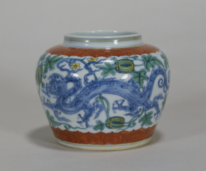 Image of "Jar with dragon design in doucai enamels."