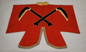 Image of ""Jinbaori" (Coat worn over armor), Crossed scythes design on scarlet wool ground"