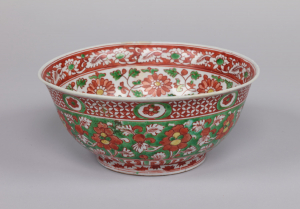 Image of "Bowl with floral scroll design in overglaze enamels."