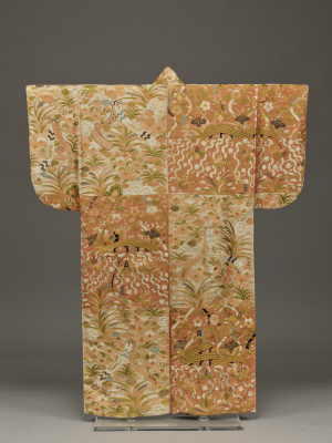 Image of "Nuihaku Garment (Noh Costume), Tanzaku paper, plank bridges and snow-covered willows on red and white checkered ground"