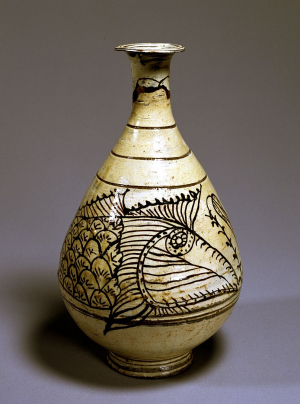 Image of "Vase with design of fish in underglaze iron on white slip, Punch'ong ware."
